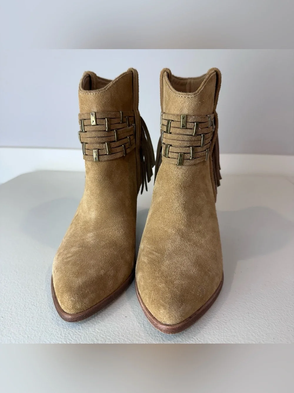 Frye Tan Brown Reed Showdown Stud Fringe Festival Western Cowgirl Booties Size 6